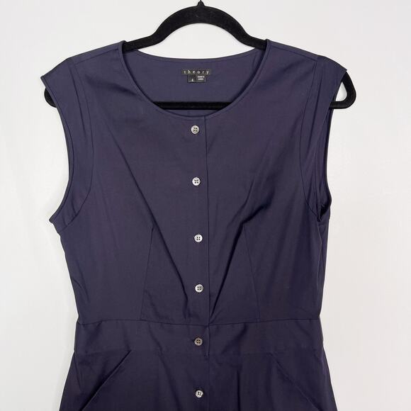 Theory Size 4 Navy Blue Jalia Button Down Shirt Dress Cotton Stretch Knee Length - Picture 3 of 9